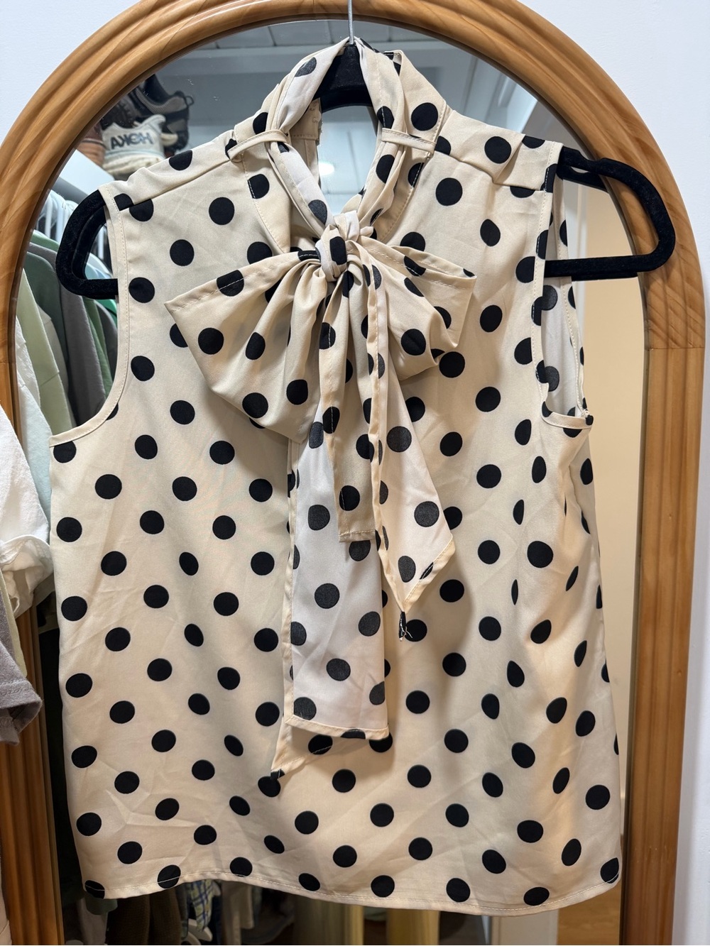 Polka Dot Bow Neck Sleeveless Blouse - Black on Cream